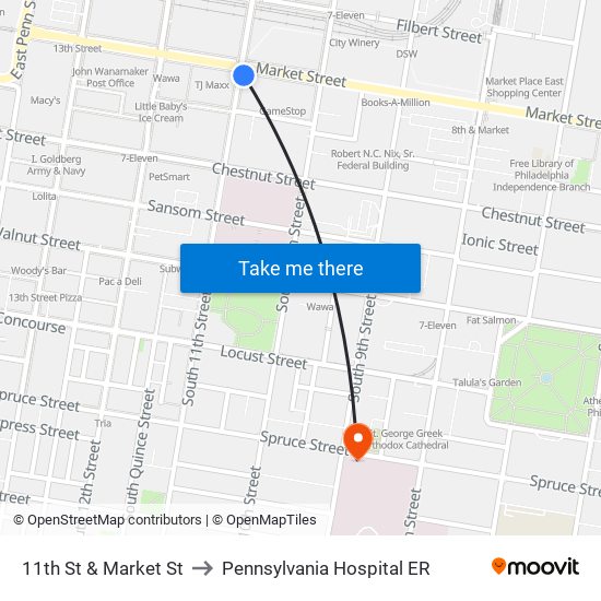 11th St & Market St to Pennsylvania  Hospital ER map