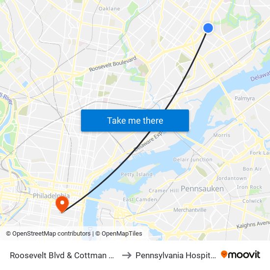 Roosevelt Blvd & Cottman Av - FS to Pennsylvania  Hospital ER map