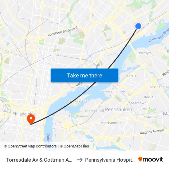 Torresdale Av & Cottman Av Loop to Pennsylvania  Hospital ER map