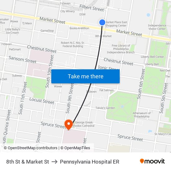 8th St & Market St to Pennsylvania  Hospital ER map