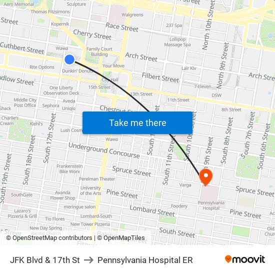 JFK Blvd & 17th St to Pennsylvania  Hospital ER map