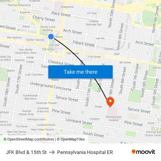 JFK Blvd & 15th St to Pennsylvania  Hospital ER map