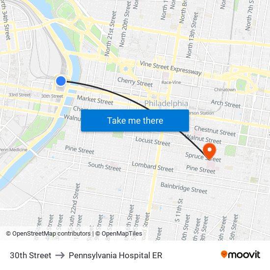 30th Street to Pennsylvania  Hospital ER map