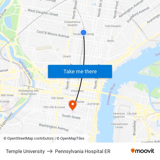 Temple University to Pennsylvania  Hospital ER map