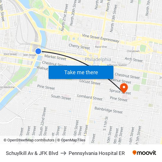 Schuylkill Av & JFK Blvd to Pennsylvania  Hospital ER map