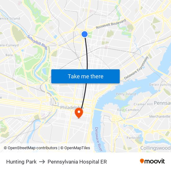 Hunting Park to Pennsylvania  Hospital ER map