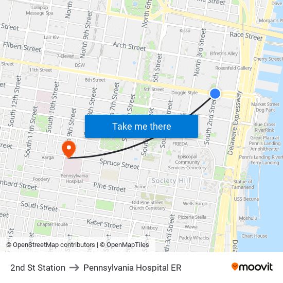 2nd St Station to Pennsylvania  Hospital ER map
