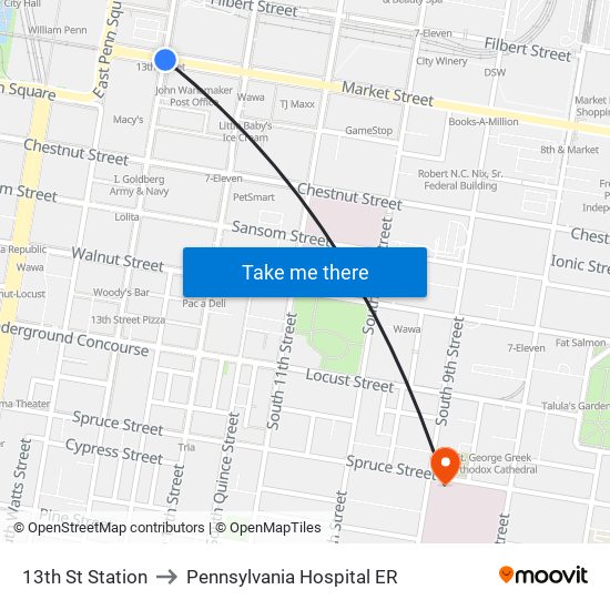 13th St Station to Pennsylvania  Hospital ER map