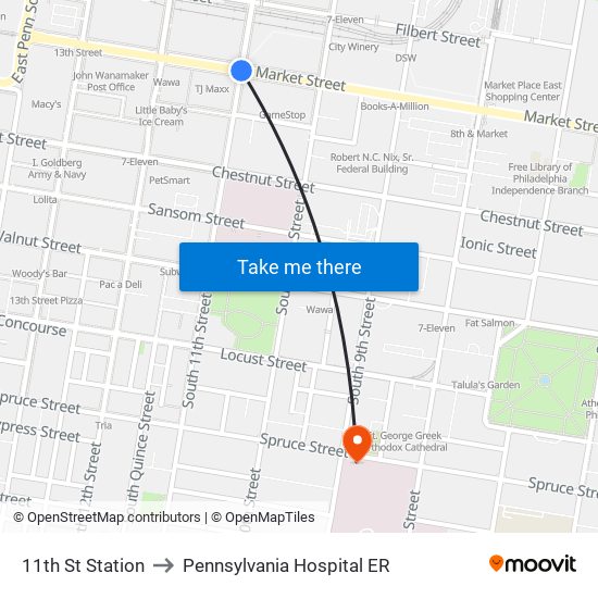 11th St Station to Pennsylvania  Hospital ER map