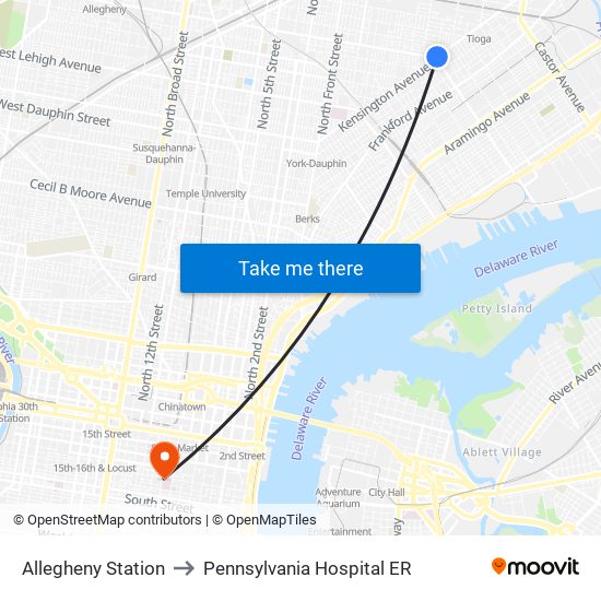 Allegheny Station to Pennsylvania  Hospital ER map