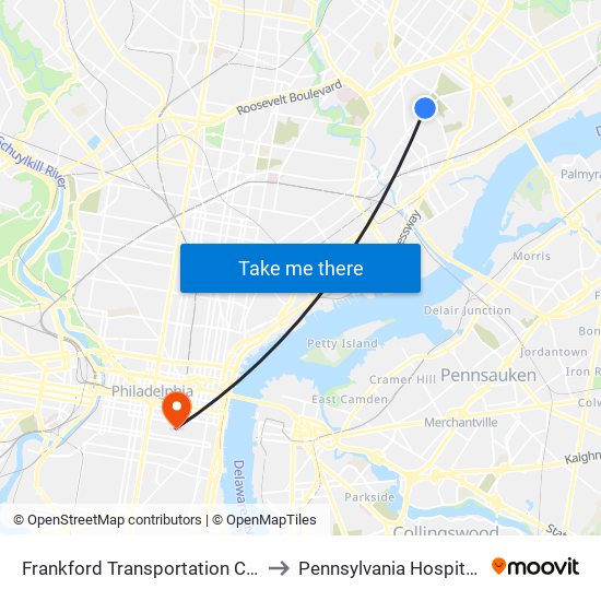 Frankford Transportation Center to Pennsylvania  Hospital ER map