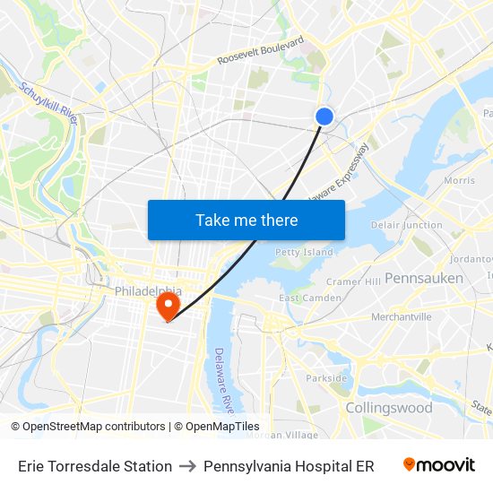 Erie Torresdale Station to Pennsylvania  Hospital ER map
