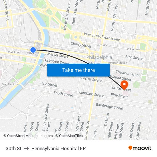 30th St to Pennsylvania  Hospital ER map
