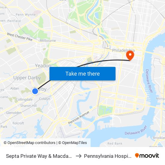 Septa Private Way & Macdade Blvd to Pennsylvania  Hospital ER map
