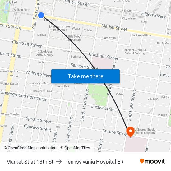 Market St at 13th St to Pennsylvania  Hospital ER map