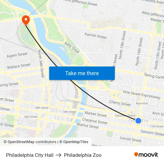 Philadelphia City Hall to Philadelphia Zoo map