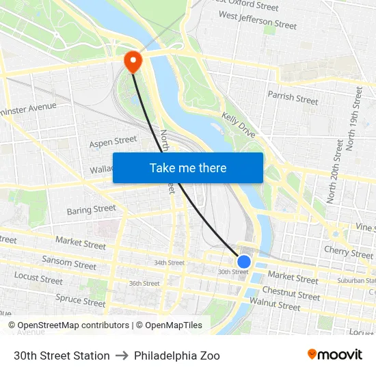 30th Street Station to Philadelphia Zoo map