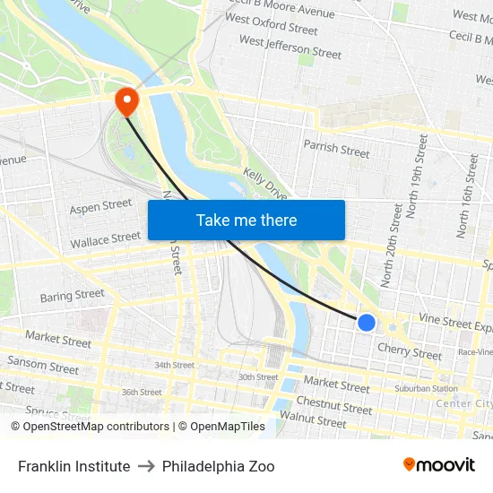 Franklin Institute to Philadelphia Zoo map