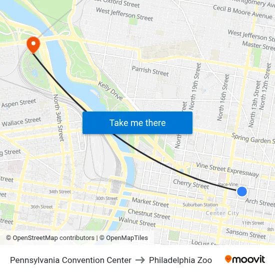 Pennsylvania Convention Center to Philadelphia Zoo map
