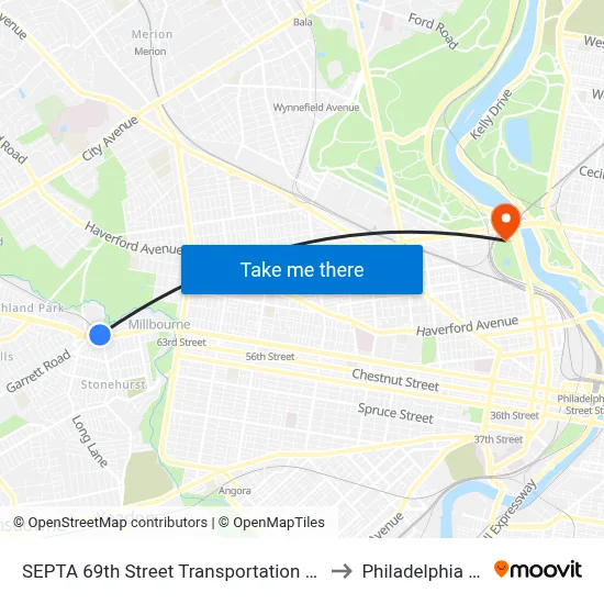 SEPTA 69th Street Transportation Center to Philadelphia Zoo map
