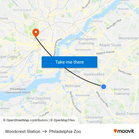 Woodcrest Station to Philadelphia Zoo map