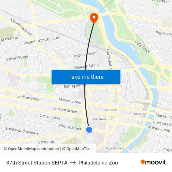 37th Street Station SEPTA to Philadelphia Zoo map