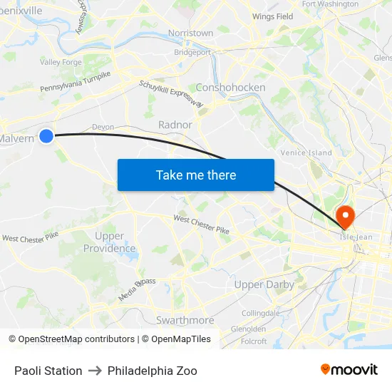 Paoli Station to Philadelphia Zoo map