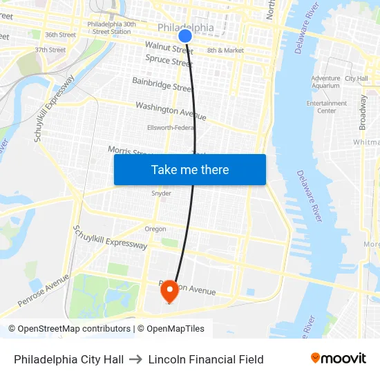 Philadelphia City Hall to Lincoln Financial Field map