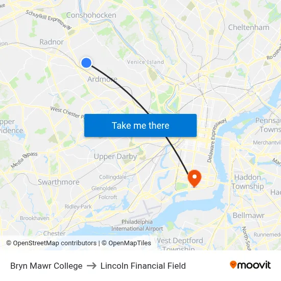 Bryn Mawr College to Lincoln Financial Field map