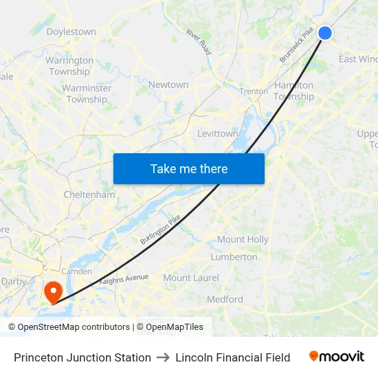 Princeton Junction Station to Lincoln Financial Field map