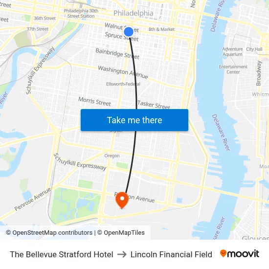 The Bellevue Stratford Hotel to Lincoln Financial Field map