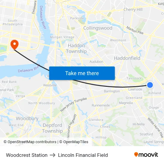 Woodcrest Station to Lincoln Financial Field map