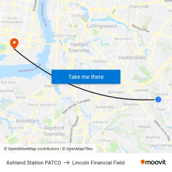 Ashland Station PATCO to Lincoln Financial Field map