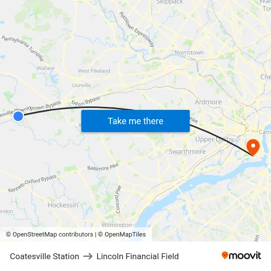 Coatesville Station to Lincoln Financial Field map