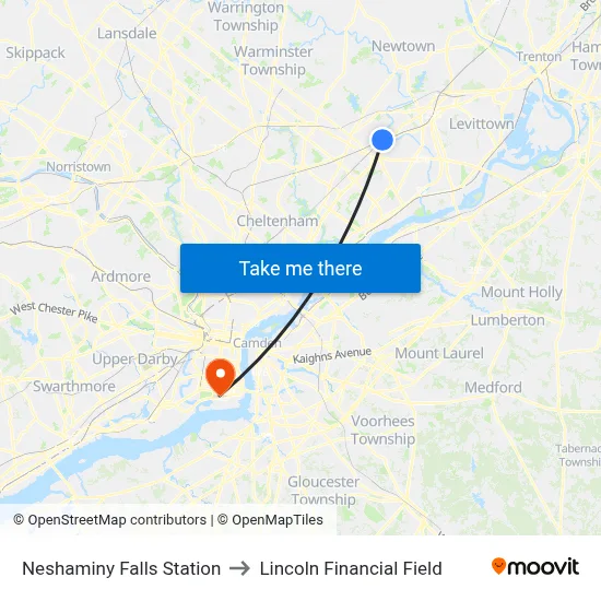 Neshaminy Falls Station to Lincoln Financial Field map