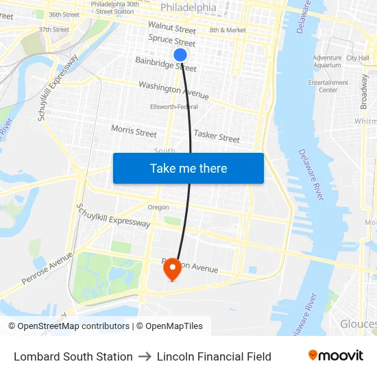 Lombard South Station to Lincoln Financial Field map