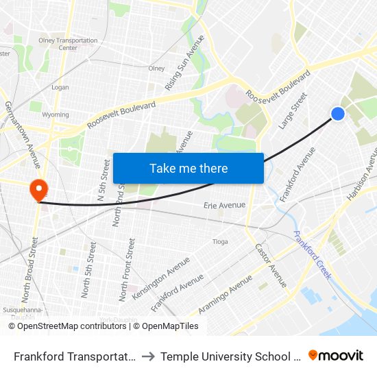 Frankford Transportation Center to Temple University School of Medicine map