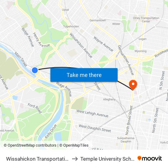 Wissahickon Transportation Center - Onsite to Temple University School of Medicine map