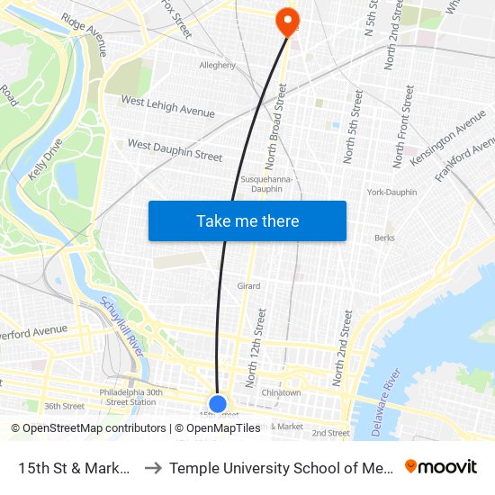 15th St & Market St to Temple University School of Medicine map