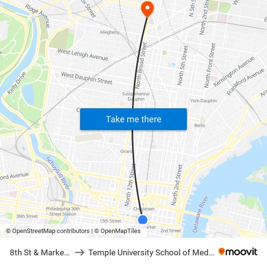 8th St & Market St to Temple University School of Medicine map