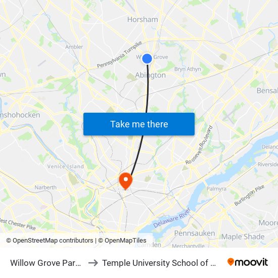 Willow Grove Park Mall to Temple University School of Medicine map