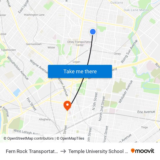 Fern Rock Transportation Center to Temple University School of Medicine map