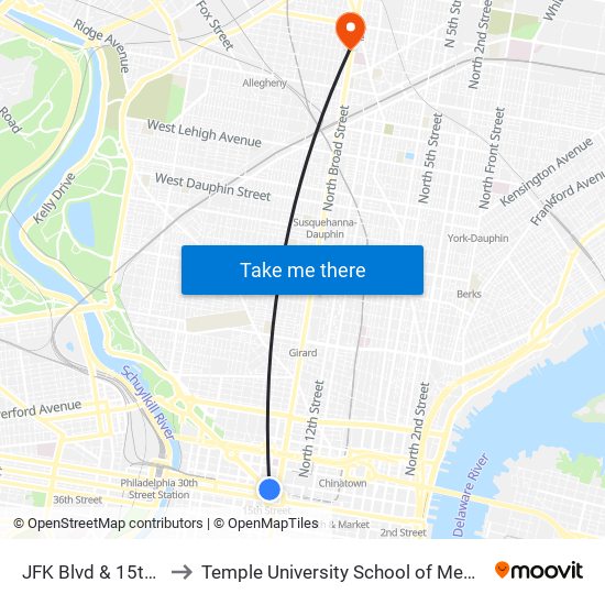 JFK Blvd & 15th St to Temple University School of Medicine map