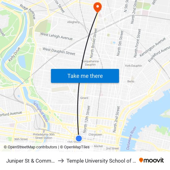Juniper St & Commerce St to Temple University School of Medicine map