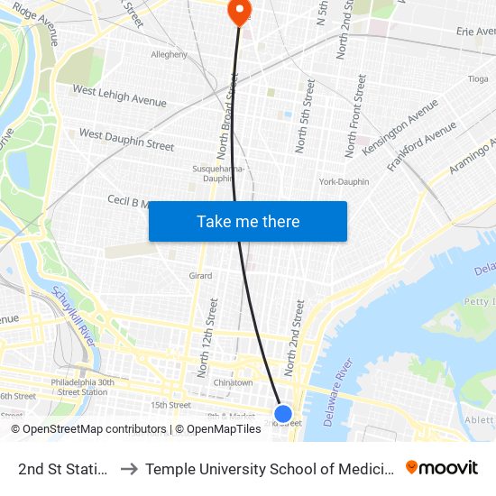 2nd St Station to Temple University School of Medicine map