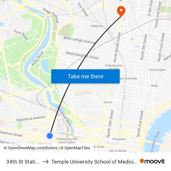 34th St Station to Temple University School of Medicine map