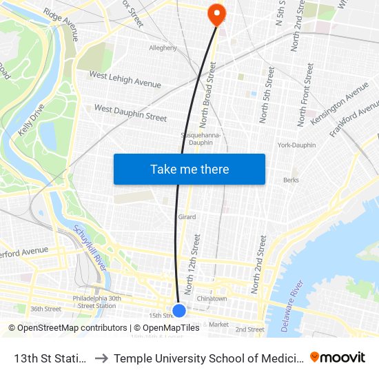 13th St Station to Temple University School of Medicine map