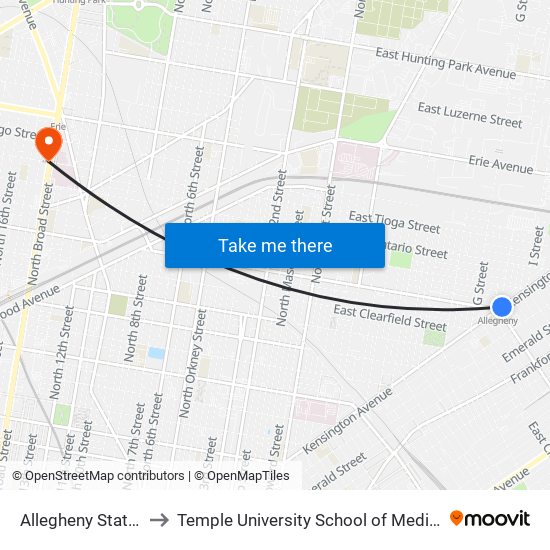 Allegheny Station to Temple University School of Medicine map