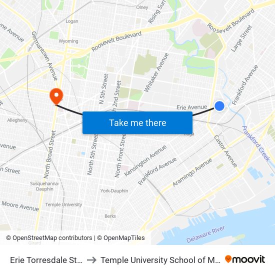 Erie Torresdale Station to Temple University School of Medicine map
