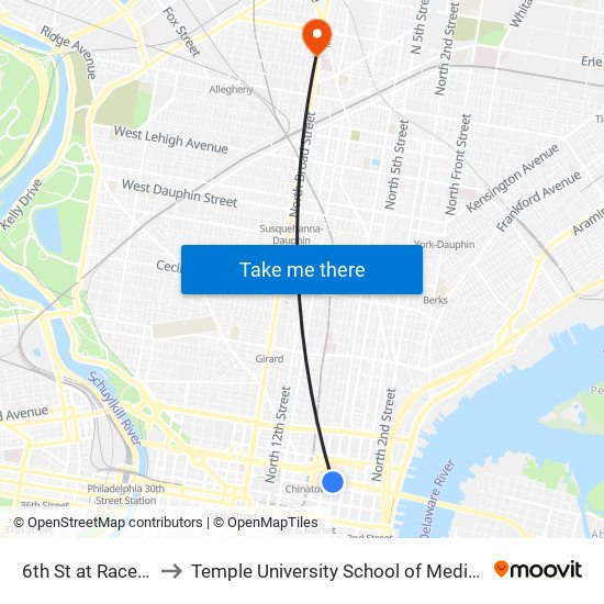 6th St at Race St to Temple University School of Medicine map